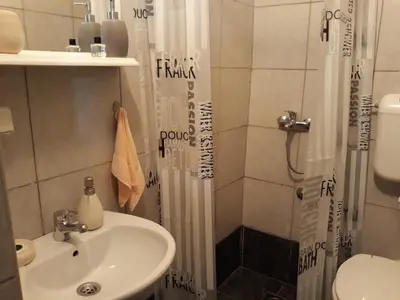 a bathroom with a sink and a shower at Apartman Centar in Cetinje