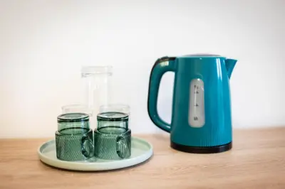 a plate with four glasses next to a blender at Studio Apartment Cudo Nevidjeno in Karuč