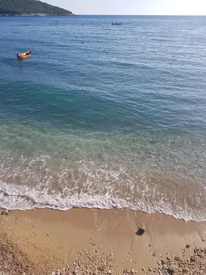 a beach with the ocean and a boat in the water at Holiday House Kruce in Ulcinj