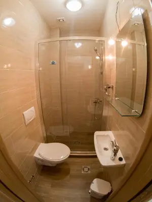 a bathroom with a shower and a toilet and a sink at Queen Apartments & Rooms in Dobra Voda