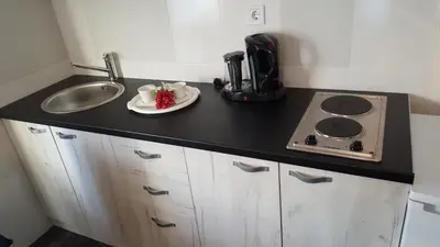 a kitchen counter with a sink and a plate of food at Apartment Djordje Budva-Jaz in Kukaljevina