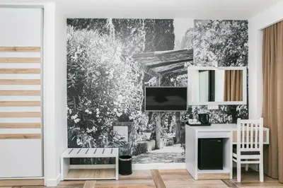 a living room with a wall mural of a garden at Villa Delux in Ulcinj