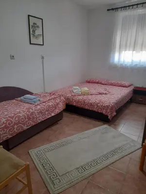 a bedroom with two beds and a rug in it at Apartman SB in Ulcinj