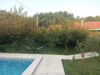 a hammock in a garden next to a swimming pool at Rustic village in Rijeka Crnojevića
