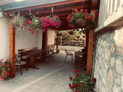 a patio with a table and chairs and flowers at Rustic village in Rijeka Crnojevića