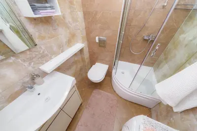 a bathroom with a shower and a toilet and a sink at HarMony apartment in Budva