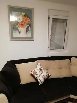 a black couch in a living room with a pillow at Kevin-Talisa Villa in Bar