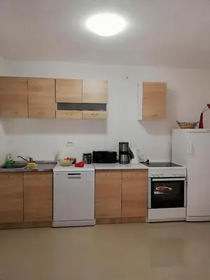 a kitchen with white appliances and wooden cabinets at Kevin-Talisa Villa in Bar
