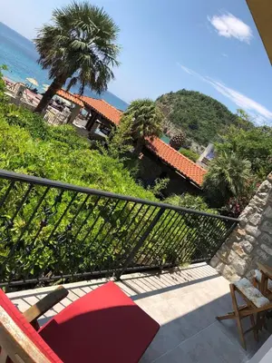 a balcony with a view of the ocean and a palm tree at Sea forever in Petrovac na Moru