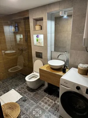 a bathroom with a toilet and a sink and a washing machine at Reina in Petrovac na Moru