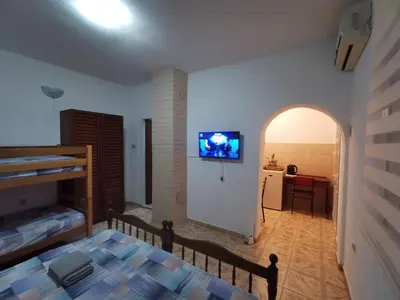 a living room with a television on a wall at Bar-Apartman 2 in Bar