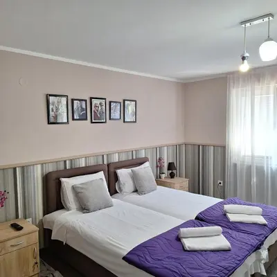 a bedroom with two beds with purple sheets at Family Apartment in Cetinje