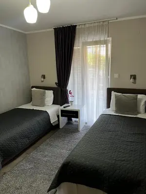a bedroom with two beds and a window at Family Apartment in Cetinje