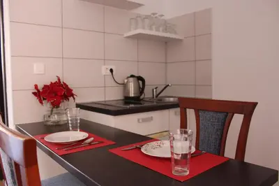 a kitchen with a black table with a red napkin at Apartments Balabusic in Budva