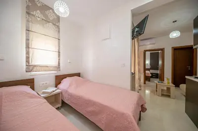 a bedroom with two beds and a television in it at Kristal Apartmani in Čanj