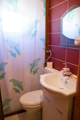 a bathroom with a sink and a shower curtain with dolphins at Apartments Lux seaview in Bar