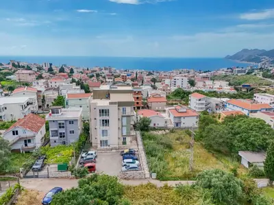 an aerial view of a city with buildings at 1bd Modern Apt in Dobra Voda with Roof Access 