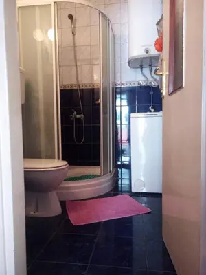 a bathroom with a shower and a toilet and a sink at Apartman Bošković in Budva