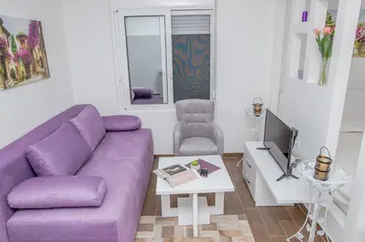 a living room with a purple couch and a tv at Apartments Tina in Utjeha