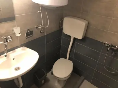 a bathroom with a toilet and a sink at Apartmani Pavicevic in Podgorica