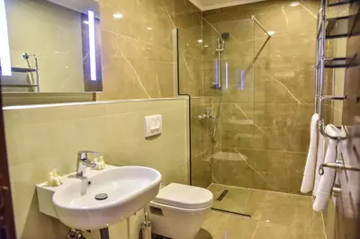 a bathroom with a toilet and a sink and a shower at Hotel Prova in Ulcinj
