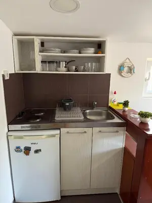 a small kitchen with a sink and a refrigerator at Apartment viva Jelena in Budva