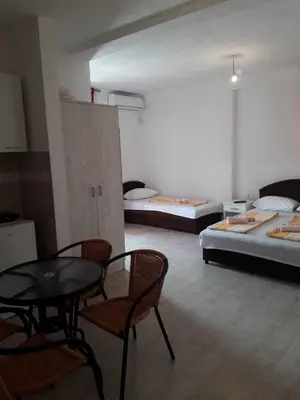 a room with two beds and a table and chairs at Apartmani Andrea-jaz in Budva