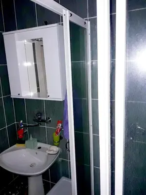 a bathroom with a sink and a mirror and a shower at Flat Una in Budva
