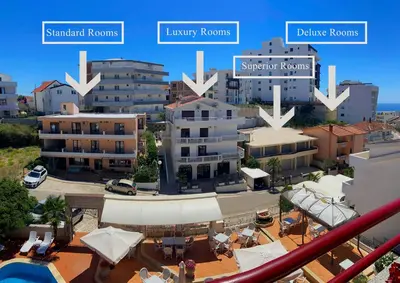 an aerial view of a city with buildings at Hotel Kleopatra in Ulcinj