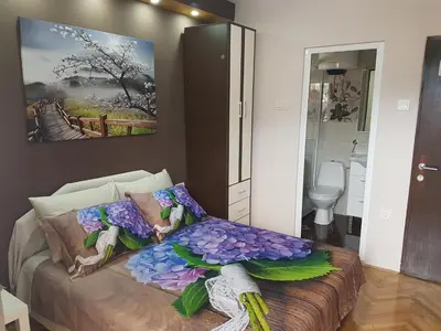 a bedroom with a bed with a painting on the wall at Apartments Vila Galileo in Budva