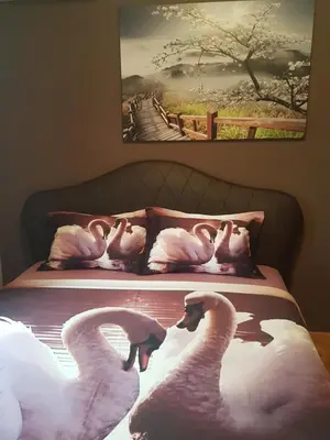 a bed with a picture of flamingos on it at Apartments Vila Galileo in Budva