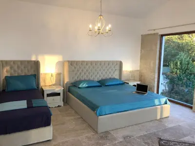 a bedroom with two beds and a chandelier at Villa Horus in Sveti Stefan