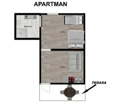 a plan of a small apartment with a floor plan at Apartments Beho in Ulcinj