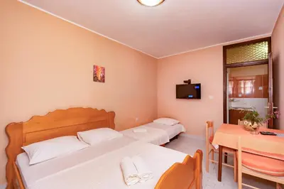 a bedroom with two beds and a table and a television at Villa Glavanovic in Bar
