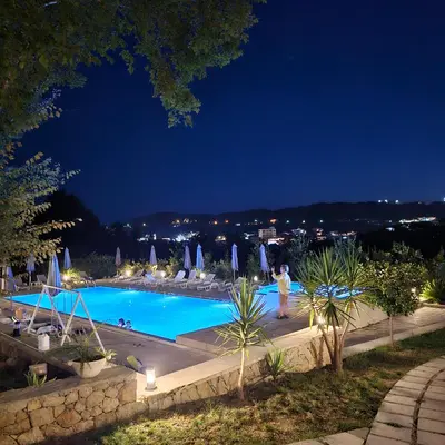 a person standing next to a swimming pool at night at Green Hill Apartments in Ulcinj