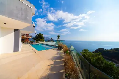 a house with a swimming pool overlooking the ocean at Villas Vita & Dola in Budva