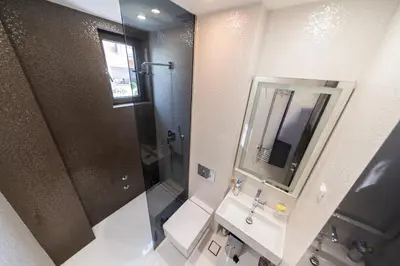 a bathroom with a shower and a toilet and a sink at Villas Vita & Dola in Budva