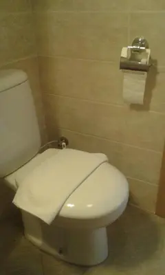 a white toilet in a bathroom with a roll of toilet paper at Dvosoban stan, Babin Do, Budva sa garazom in Budva