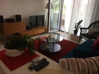 a living room with a couch and a tv at Harmony in Sveti Stefan