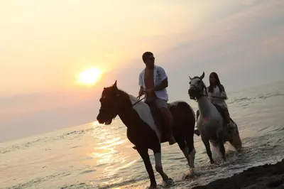 two people riding horses on the beach at sunset at FKK Ada Bojana in Ulcinj