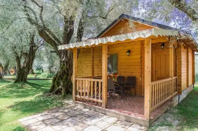 a wooden cabin in a park with a tree at Apartments Aura in Utjeha