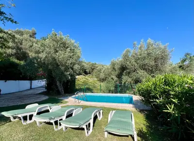 a group of lounge chairs and a swimming pool at Green Villa in Olives in Bar