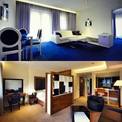 a living room and a hotel room with a bedroom at Apartments M Palace in Budva
