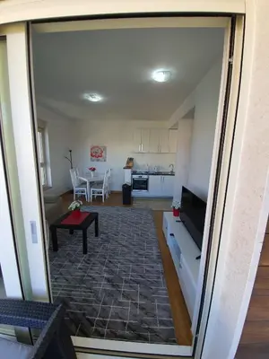a view of a living room and kitchen from a sliding glass door at AS Apartments Rafailovici in Rafailovici