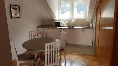 a small kitchen with a table and chairs and a sink at Apartmani Kovačević in Kotor