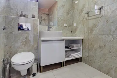 a bathroom with a toilet and a sink and a shower at Mima Apartments in Sveti Stefan
