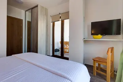 a bedroom with a bed and a tv and a chair at Mima Apartments in Sveti Stefan