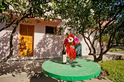 a table with a bottle of wine and flowers on it at Apartments Stanka in Becici