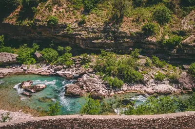 an aerial view of a pool of water in a river at Auto kamp Titograd in Podgorica