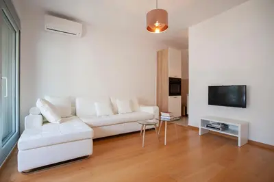 a living room with a white couch and a tv at Aria Apartments in Kotor